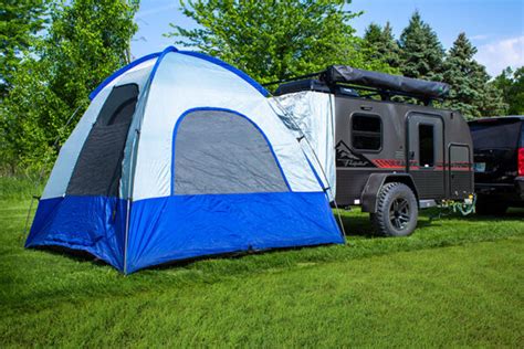 The Flyer's interior features a MaxxAir vent fan, a Bluetooth stereo with two speakers, preparations for a TV, LED dome lights, and 12V/USB/120V outlets. . Intech add a room tent